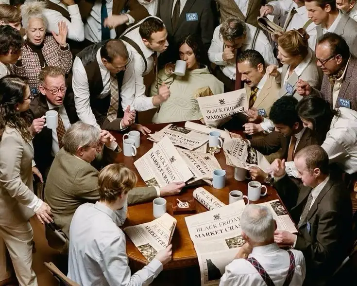 A busy room full of people reading newspapers during a crisis, symbolizing the chaos we leave behind with our calm beauty approach.