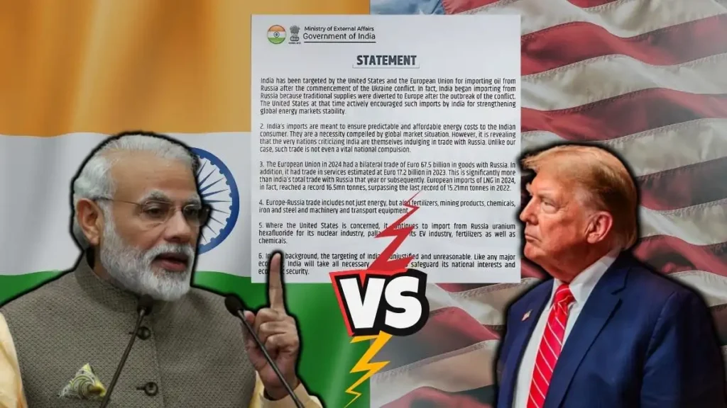 Bharat Ka Jawab strong reply to Donald Trump and America regarding Russia, with an official government statement and national flags in the background.
