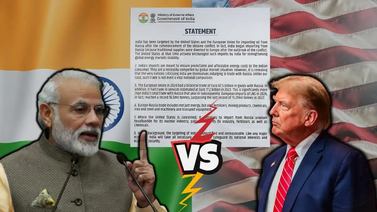 Bharat Ka Jawab strong reply to Donald Trump and America regarding Russia, with an official government statement and national flags in the background.