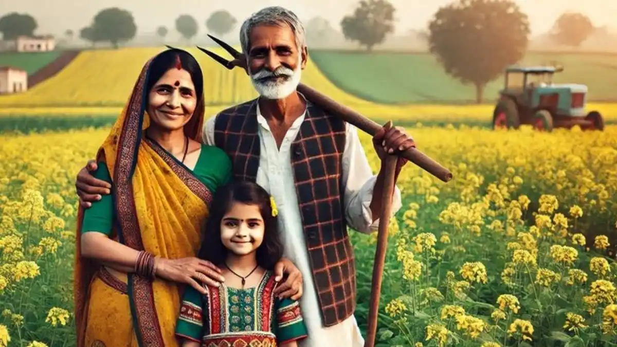 A happy rural Indian family standing in a blooming yellow field with a tractor in the background, showing farming life.