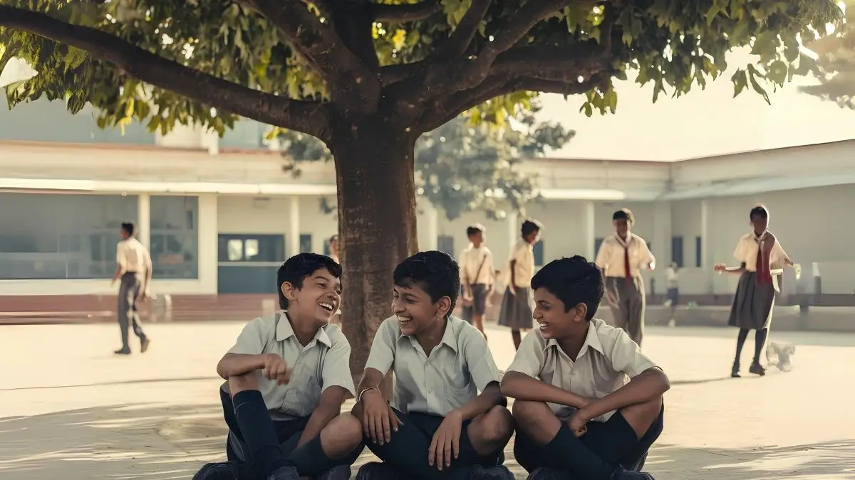 School boys wearing uniform sitting under a tree in playground, talking and sharing friendship moments.