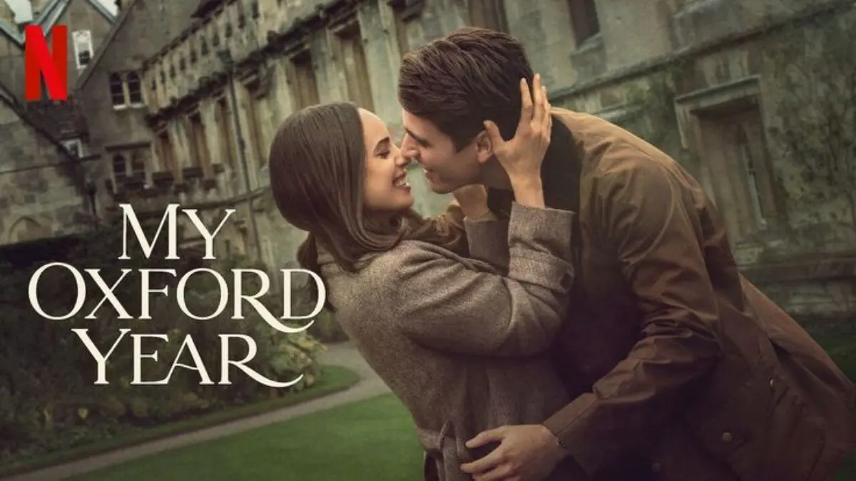 A romantic scene from My Oxford Year, showing a couple sharing a heartfelt moment at Oxford University.