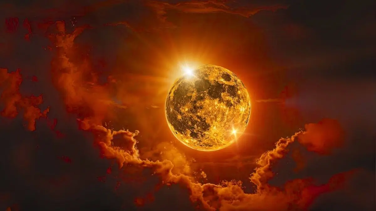 Golden moon glowing brightly in the night sky during Purnima : पूर्णिमा with vibrant red clouds around.