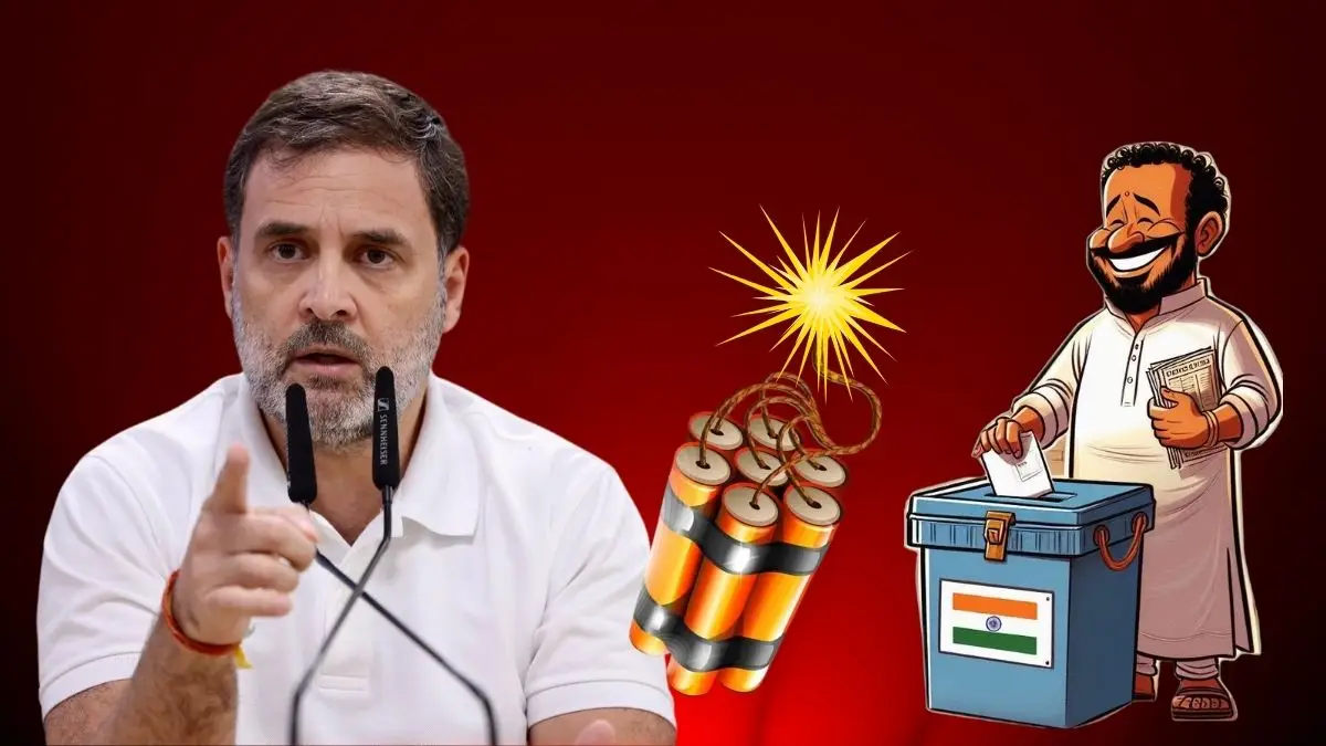 Rahul Gandhi's press conference on election Commission, atom bomb illustration, and Indian election box in the background.