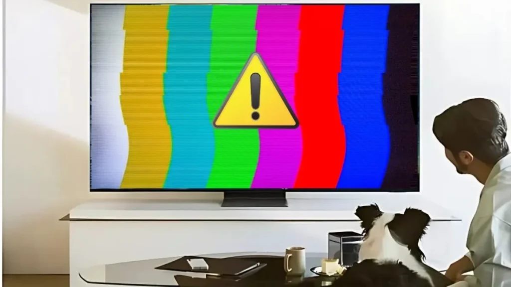 A man and a dog watching a Samsung TV showing an error warning screen during Samsung tv service outage.