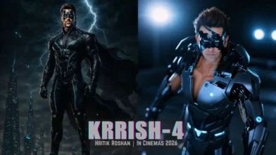Hrithik Roshan in futuristic black superhero suit in Krrish 4 movie poster, with sci-fi background and lightning effects, releasing in 2026